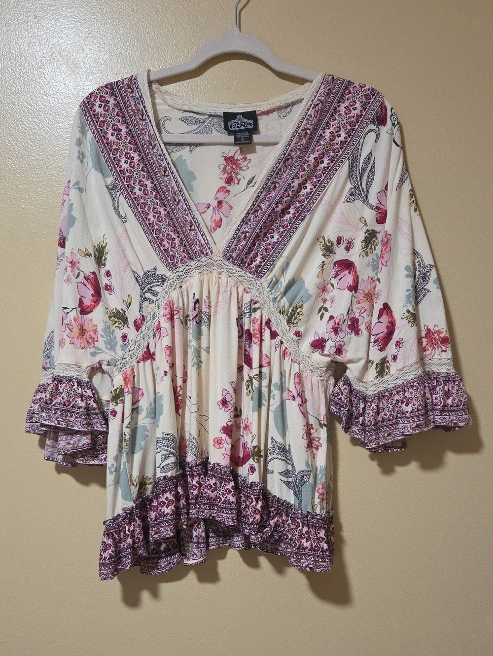 Angie Cream Floral V-Neck Boho Tunic with Pink Accents